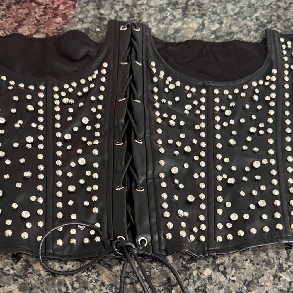 Black faux leather silver Studded Corset Top - Picture 4 of 8